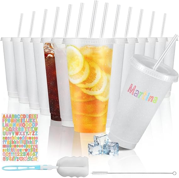 12 Pack 710ml Reusable Plastic Cups with Lid Straws Letter Stickers and Cleaning Brushes , Glitter Water Cold Coffee Tumber for Birthday Hen Do Party Travel Beverages Drinking (Glitter Transparent) 