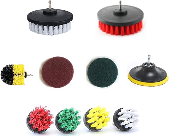10 Piece Drill Brush Attachments: 5 inch Drill Brushes & Scouring Pads & Suction Cup - Clean Tough Dirt - for Marble/Granite Tile, Grout, Rim, Kitchen Sink,Carpet, Coated Doors, Fiberglass Tubs
