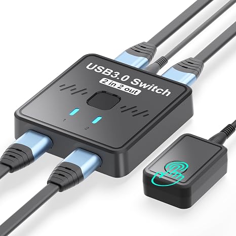 USB 3.0 Switch 2 in 2 Out, USB Switcher 2 Computers Sharing Keyboard and Mouse Printer Scanner Webcam, Printer Splitter for 2 PC, 2 Port USB-A Selector Switch with 2 USB Cables and Desktop Controller
