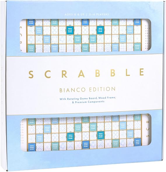 WS Game Company Scrabble Bianco Edition Rotating Wooden Board Game Set | Coastal Design, Turntable, Raised Tile Grid, White Wood Tiles, Classic Word Game, 2-4 Players, Adults and Kids 8 and Up