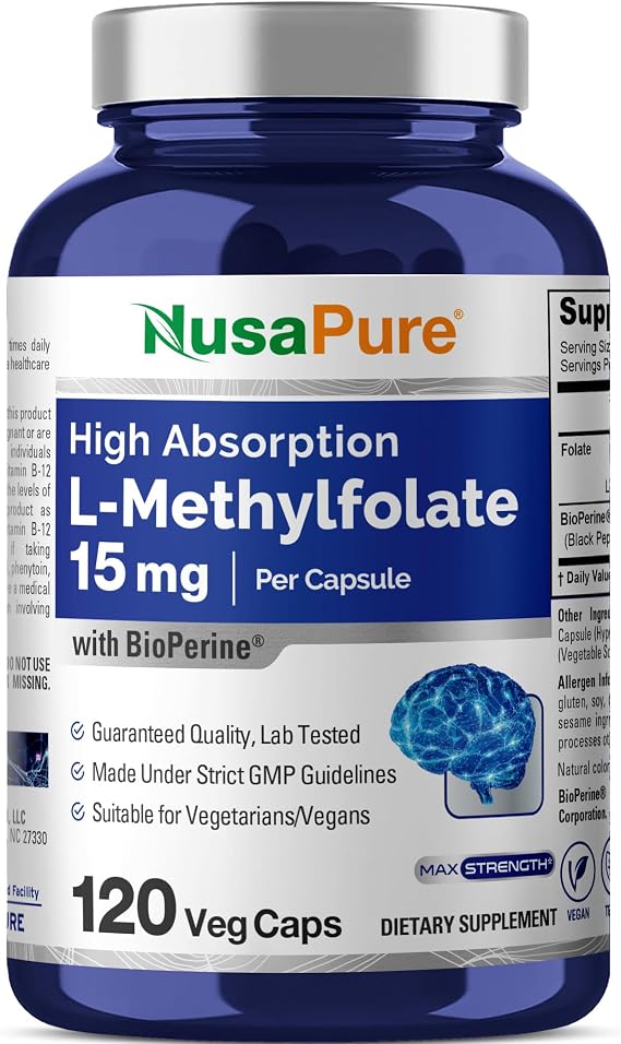 L-Methylfolate, Non-GMO, Vegan, 15mg, 120 Veggie Capsules - 120 Servings | Dietary Supplement Formula, L-Methylfolate, BioPerine, Suitable for Adults, Manufactured in cGMP Registered Facility USA