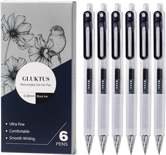 Black Gel Pens 6 Pack, Ultra Fine Point 0.38mm, No Bleed Pens for Journaling Note Taking
