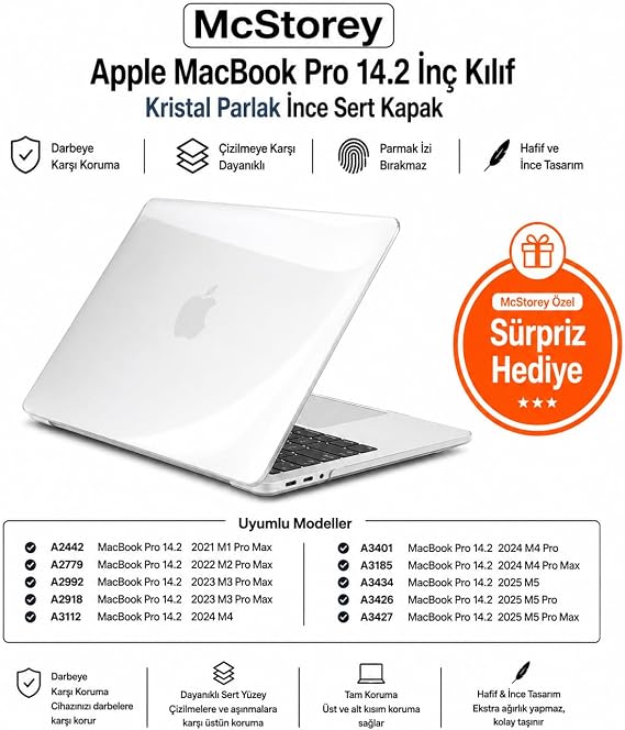 McStorey MacBook Pro 14.2 İnç Kılıf A2442 A2779 A2918 A2992 A3112 A3401 A3185 A3434 A3426 A3427 Uyumlu Kristal Parlak Şeffaf Sert Kapak Hard Case İnce Koruyucu Şeffaf