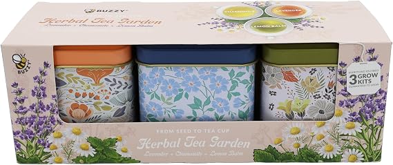 Buzzy Seeds Herbal Tea Garden Grow Kit 3-Pack - Metal Windowsill Planter - Complete Indoor/Outdoor Gardening Kit with Seeds, Coconut Husk Growing Medium & Genuine Pots - 100% Grow Guarantee