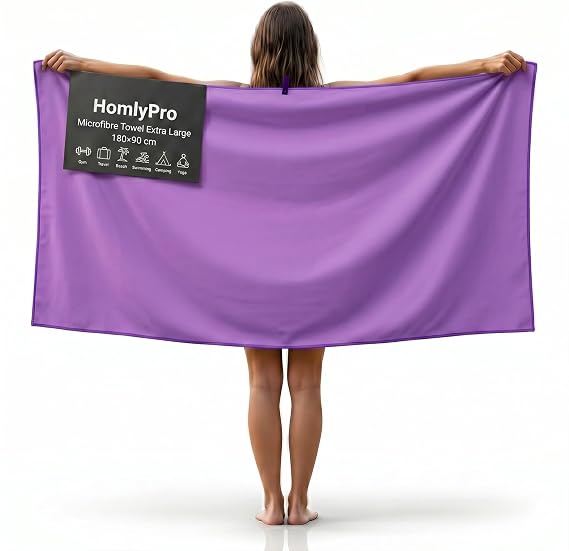 Microfibre Towel Extra Large 180x90cm - Quick Dry, Lightweight, Super Soft, Compact Bath Towel for Gym, Travel, Beach, Swimming, Camping, Hiking & Yoga (Purple)