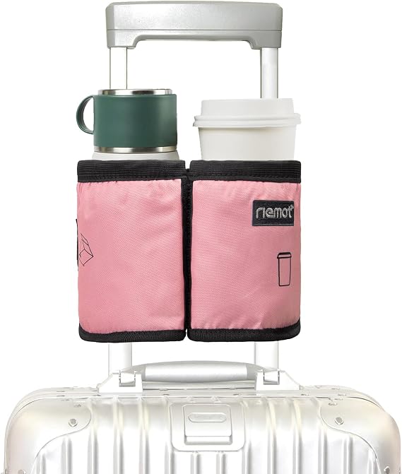 riemot Luggage Travel Cup Holder Free Hand Drink Caddy - Hold Two Coffee Mugs - Fits Roll on Most Suitcase Handles - Gifts for Flight Attendants &Frequent Travelers Accessories Pink
