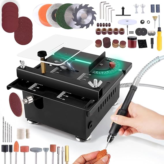 Mini Multi-Functional Table Saw with Full Set of Accessories, Adjustable Speeds & Angle Portable Mini Desktop Electric Saw for DIY Handmade Projects, Wood, Acrylic, Plastic, PCB Boards Cutting