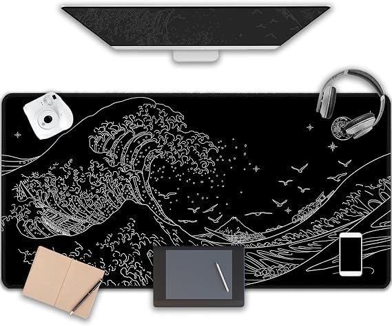 Gaming Laptop Mouse Pad,Sea Wave Big Mice Pads PC Keyboard Waterproof and Non-Slip 47.2" x 23.6" 0.15" Thick XL,XXL Rubber Table Mat, Kanagawa Surfing and Black Japanese Mouse Pads