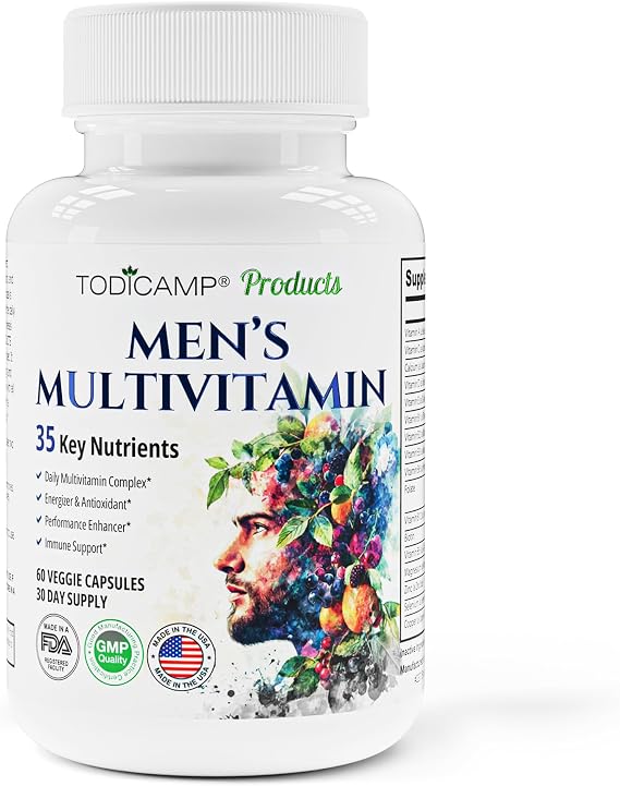 TODICAMP Men's Multivitamin & Mineral Complex with Plant-Based Extracts - Multivitamin for Men Improves Overall Health, Antioxidant & Natural Body Support - 60 Capsules - 30 Day Supply