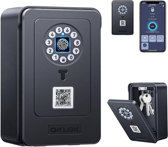 Smart Key Lock Box, ELECTOP Fingerprint Lock Box Bluetooth Key Box with App Control & Passcode, Waterproof Wall Mounted & Door Hanging Security Key Lock Box for House Key, Realtor, Office, Garage