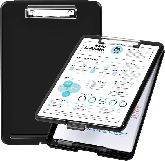 Amazon Basics Sturdy Plastic Storage Clipboard for School & Office Supplies, Lightweight, Black, 2-Pack