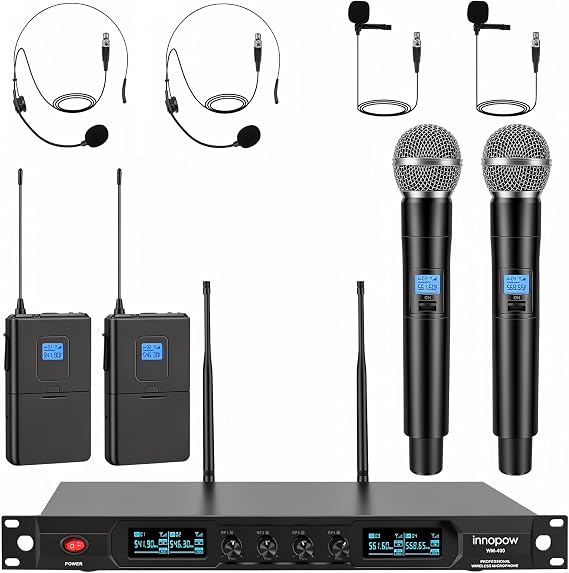 innopow 4-Channel Wireless Microphone System, Quad UHF Metal Cordless Mic, 2 Handheld Mics, 2 Bodypack Mics, Long Distance150-200Ft, Fixed Frequency, 16 Hours Use for Karaoke Singing, Church