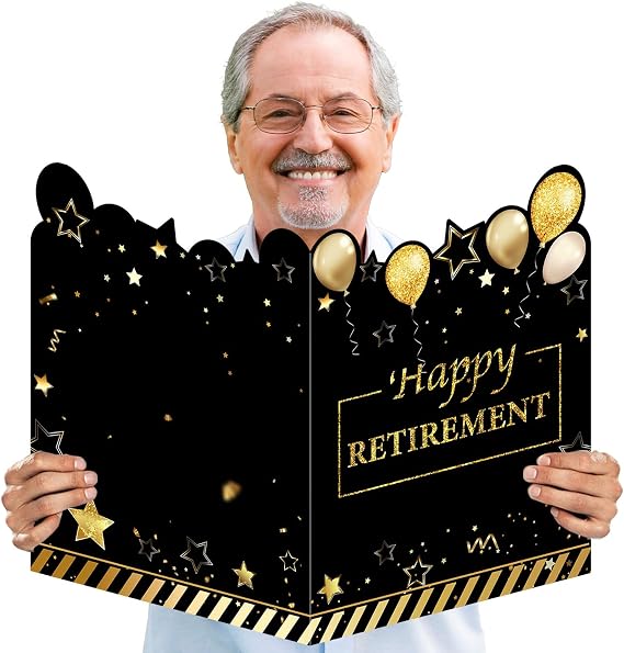 GEMLORD Jumbo Retirement Party Decorations Giant Retirement Card Large Greeting Card Oversize Plastic Custom Card Big Happy Party Gifts for Men Women 22.4 x 14.5 Inches (Black, Gold, Retirement)