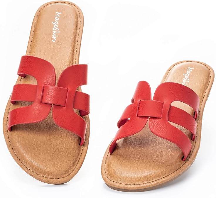 mazeskin Womens Memory Foam Vegan Leather Flat Slide Sandals