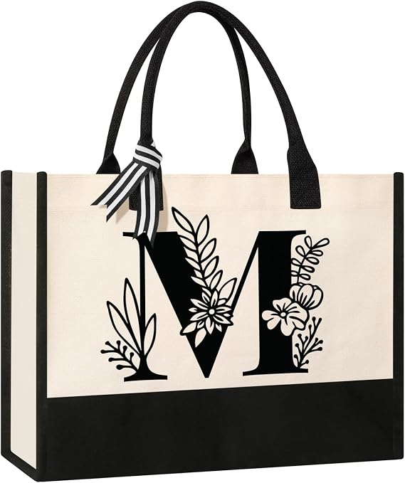 Tecanne Personalized Initial Canvas Tote Bag, Cosmetic Bags, Suitable for Birthday, Wedding, Beach, Holiday, Great Birthday Gifts for Women, Mom, Teachers, Nurses, Best Friends, Bridesmaids (M)