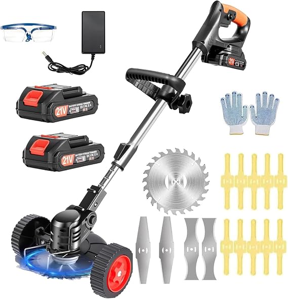 Electric Weed Wacker Cordless with Wheels,21V Battery Powered Weed Wacker 3-in-1 Grass Trimmer/Brush Cutter/Edger, 2pcs Batteries&4 Types Blades, Lightweight, Low Noise for Thick Weeds&Yard Garden