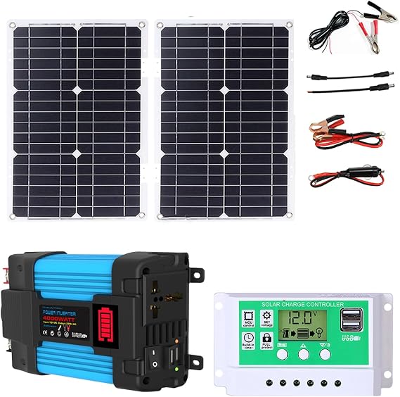 Inverter Solar Panel Kit 4000W 6000W 12V to 110V/220V Solar System Combo Solar Generator Home Grid System 50W Folding Photovoltaic Panel + 50A Controller(4000W,12V-110V)