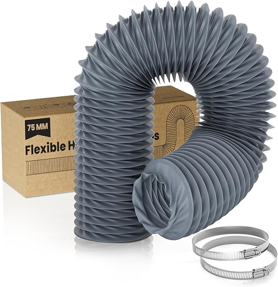 HG Power 3 inch 16 FT Long Air Ducting, Flexible Nylon Duct Diesel Heater Hose Vented Duct Hose With 2 Clamps For HVAC Ventilation (Grey)