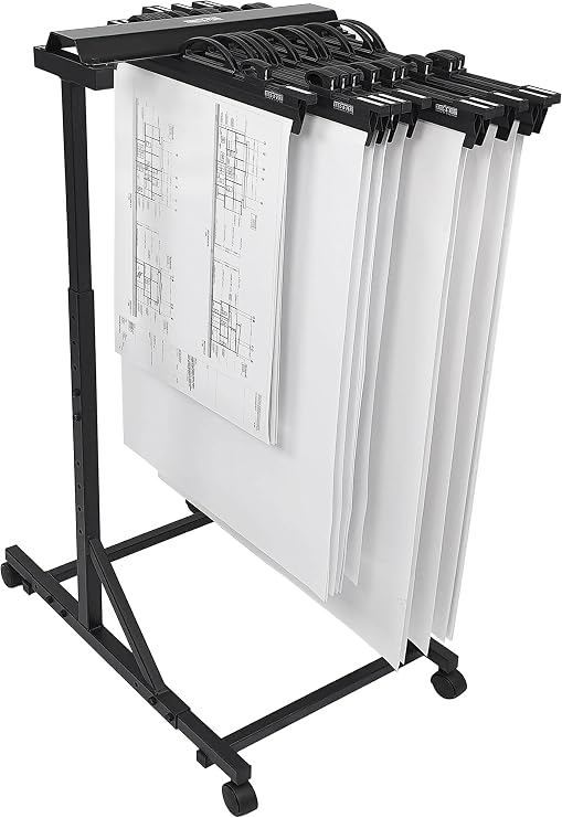 Hang-A-Plan Large Height Adjustable Mobile Blueprint Storage Rack Capacity for 20 Plan Hanging Clamps 18" - 36" Clamps Sold Separately