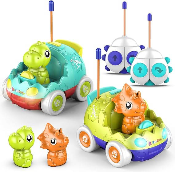 2 Packs Dinosaur Remote Control Cars Toy for 2 3 Year Old Boys Kids Gifts RC Car Truck Cartoon Boys Toys with LED Lights Music & Sound Dinosaur Toys for Boys Christmas Birthday Gift for Kids