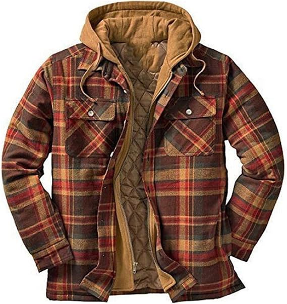 Flannel Jackets Men Classic Plaid Shacket Oversized Quilted Puffer Jacket Full Zip Hoodie Coat Winter Warm Outwear