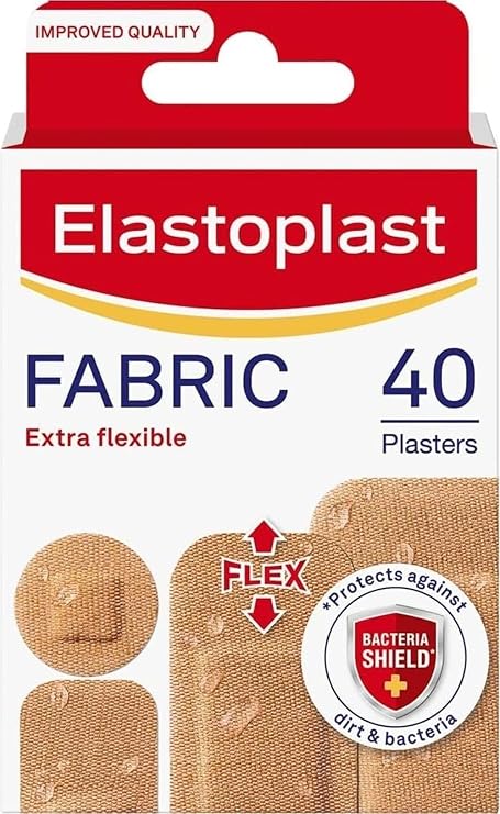 Elastoplast Extra Flexible Fabric Plaster Strips (40 Pieces), Extra Flexible Fabric, Breathable, Large Plasters, Water-Repellent, Strong Adhesion, Tan