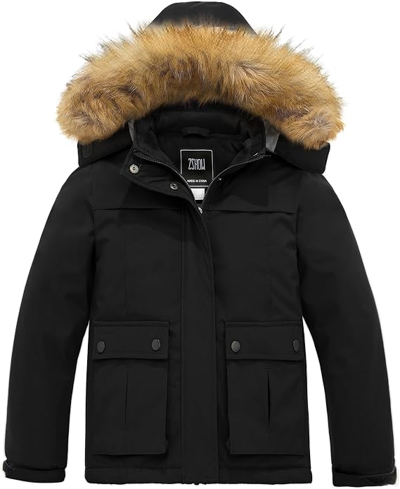 ZSHOW Girls' Ski Jacket Waterproof Warm Winter Coat Fleece Hooded Raincoat | Removable Hood, 10000mm Waterproof, Adjustable Cuffs, Velvet Stand Collar, Thick Fluffy Padding, Machine Wash, Skiing
