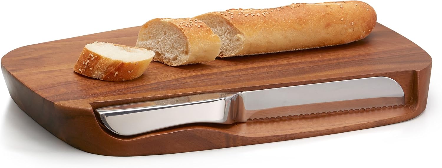 Nambe - Serveware Collection - Blend Bread Board with Knife - Measures at 17.5" x 11" x 2" - Made with Acacia Wood and Nambe Alloy - Designed by Neil Cohen