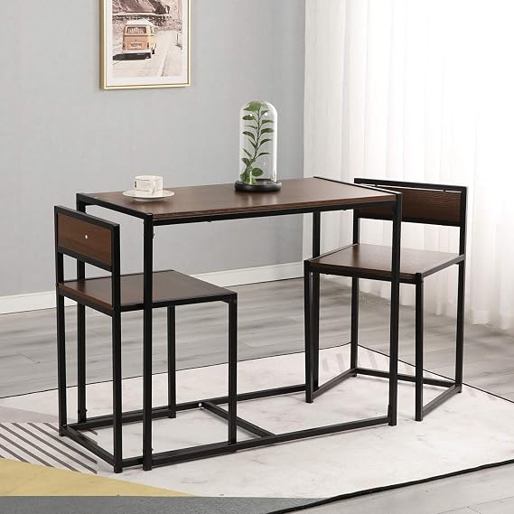 Modern Rectangular Brown Dining Table Set with Two Chairs, 3 Pieces Kitchen Table Set for 2, Home Kitchen Breakfast Bar Set Furniture