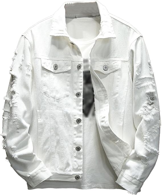 Men's Distressed Ripped Denim Jacket Long Sleeve Button Down Trucker Jacket Casual Holes Washed Jean Coat