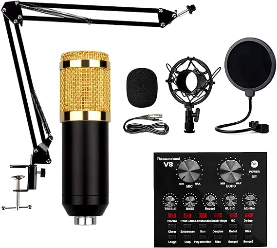 External Sound Card,V8 Condenser Micro Bundle with BM-800 Live Sound Card,Adjustable Mic Suspension Scissor Arm,Metal Shock Mount,Double-Layer Pop Filter for Stud