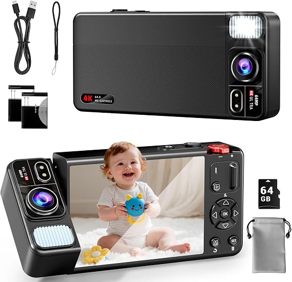 デジタルカメラ、4K 64MPカメラ、写真撮影用、270°フリップスクリーンVlogカメラ、オートフォーカス、フラッシュ、18倍ズーム、バッテリー2個、64GBカード、ポイントアンドシュートデジタルカメラ。キッズティーン用、ブラック。