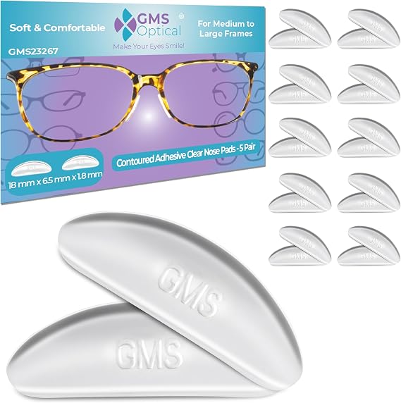 GMS Optical Adhesive Silicone Nose Pads for Glasses | 1.8mm Reg-Thin, 18mm Large | Non Slip Glasses Grips for Sunglasses and Eyewear w/Super Sticky Backing, Eyeglass Accessories (10 Pairs, Clear)