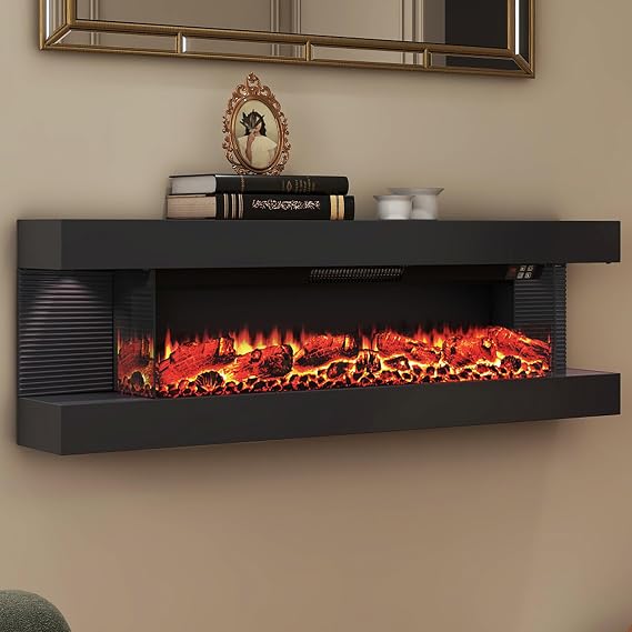 3 Sided Wall Mount Electric Fireplace, 50" Floating Fireplace with LED Side Lights, Remote Control, Multicolor Flame, Timer, Log, 700W/1500W Hanging Fireplace Heater, Black