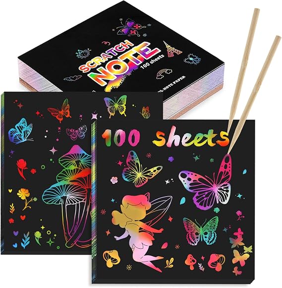 Kesote 100 Pcs Rainbow Scratch Art with 2 Bamboo Stylus for Kids | 8.5cm x 8.5cm,Art and Craft for Kids, Birthday & Class Gift,Party bag filler
