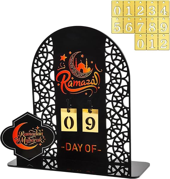 Ramadan Calendar Decorations,Acrylic Countdown Calendars, with Hollow gold design, for Home, Advent Til Eid, Gift, Party Decorations, 25.4 x 17.1 x 2.6 cm