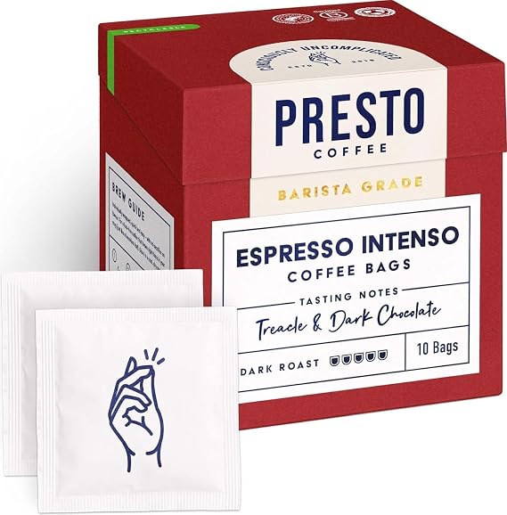 Presto Coffee Espresso Intenso Coffee Bags, 80g - Medium Roast - Convenient Single-Serve Bags - Ideal for On-the-Go Brewing