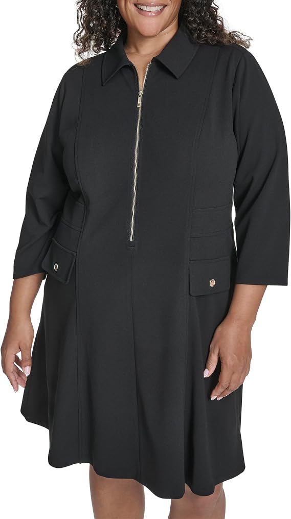 Tommy Hilfiger Women's 3/4 Sleeve Collared Zip Front Mini Shirt Dress