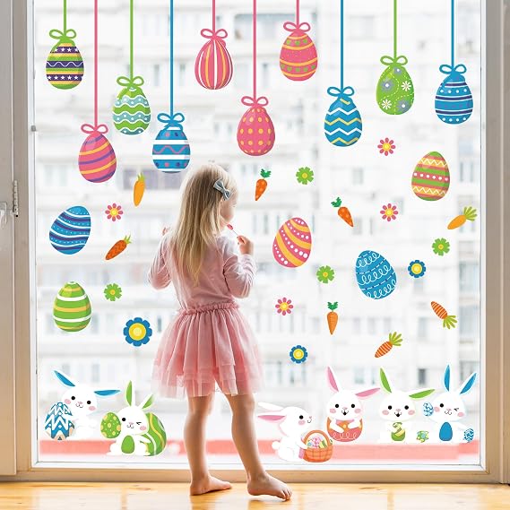 Easter Window Clings for Easter Decor Large Easter Egg Window Decals Reusable Double-Sided Static Spring Window Stickers Rabbit Carrot Cling for Easter Party Spring Home School Office Shop 9 Sheets