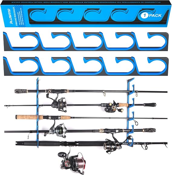PLUSINNO H5 Horizontal Fishing Rod/Pole Holders for Garage, Wall Ceiling Mounted Fishing Rod Holder, Aviation Aluminum Fishing rod rack Holds up to 5/10/20 Rod or Combos Fishing Gear and Gifts for Men