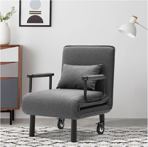 INMOZATA 3-in-1 Chair Bed Convertible Single Sofa Bed Folding Sleeper Chair with Wheels, Adjustable Backrest, Pillow,Foldable Portable Armchair Bed Chair Lounge Couch for Living Room, Bedroom（Grey）