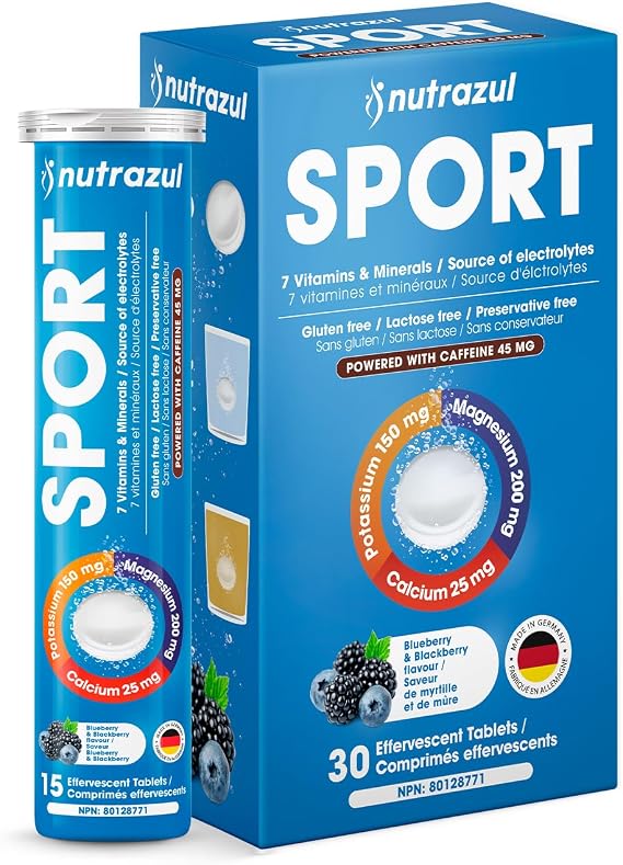 nutrazul Sports Effervescent Tablets, Electrolytes & 7 Vitamins & Minerals, Daily Hydration and Energy, 45mg Caffeine, Blueberry & BlackBerry Flavor, 30 Count