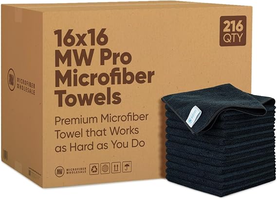Microfiber Wholesale 16" x 16" Pro Multi Surface Microfiber Towels Bulk | Case: 216 Qty (Black)