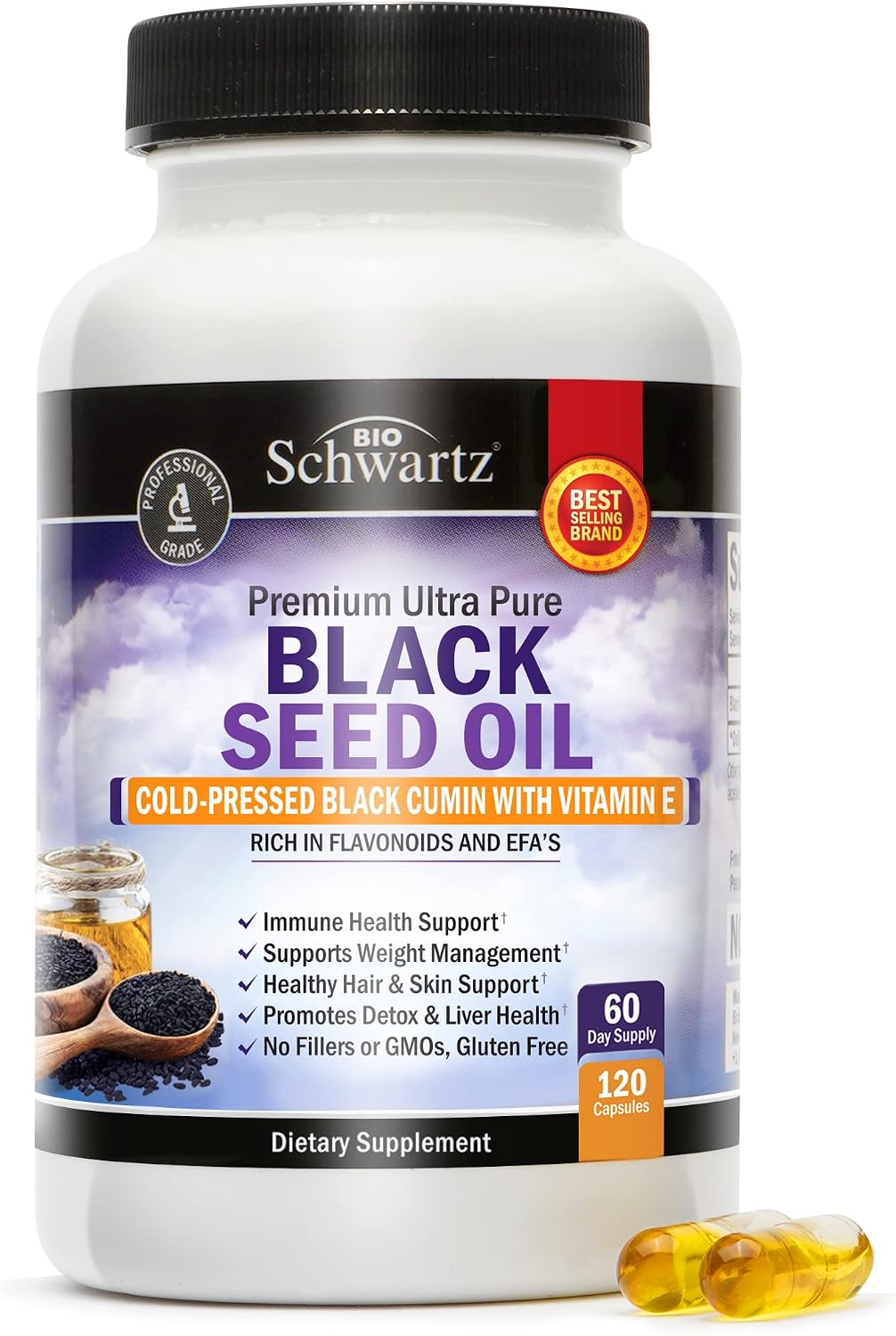 Black Cumin Seed Oil Capsules - 1000mg Ultra Pure Cold Pressed Black Seed Oil Pills with Vitamin E for Hair Growth & Liver Support - Vegan Sativa Black Seed Oil Supplement for Women & Men, 120 Count