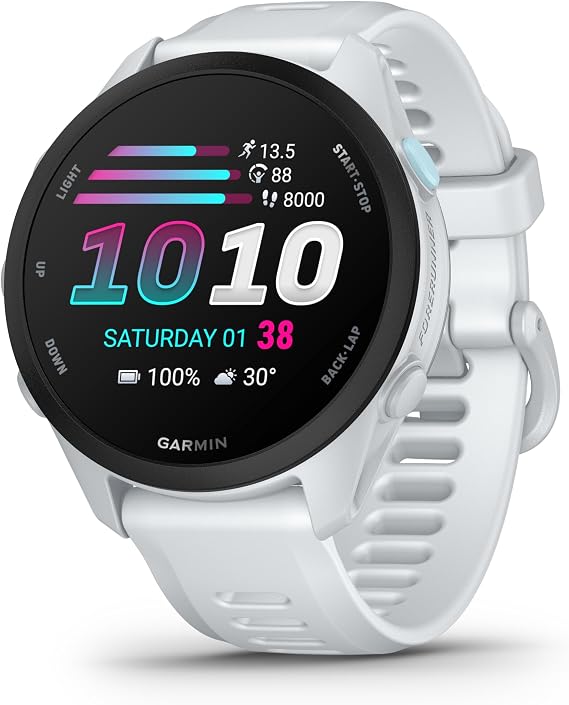 Garmin Forerunner 70 GPS Running Smartwatch, AMOLED Touchscreen, Optimized Metrics, Training Plans, Health Status, 13-Day Autonomy, White