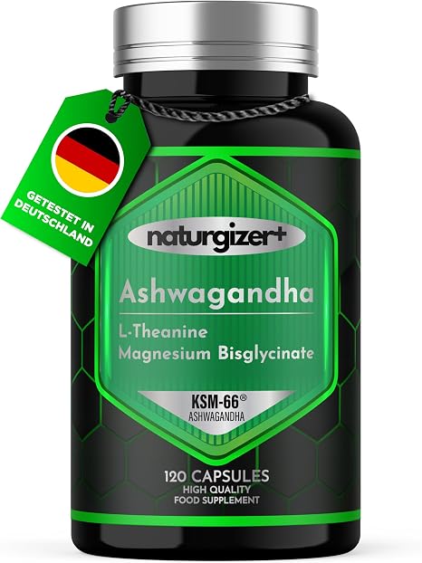 Ashwagandha KSM-66® Premium Complex with L-Theanine and Magnesium Bisglycinate High-Quality Formula 120 Vegan Capsules Naturgizer+
