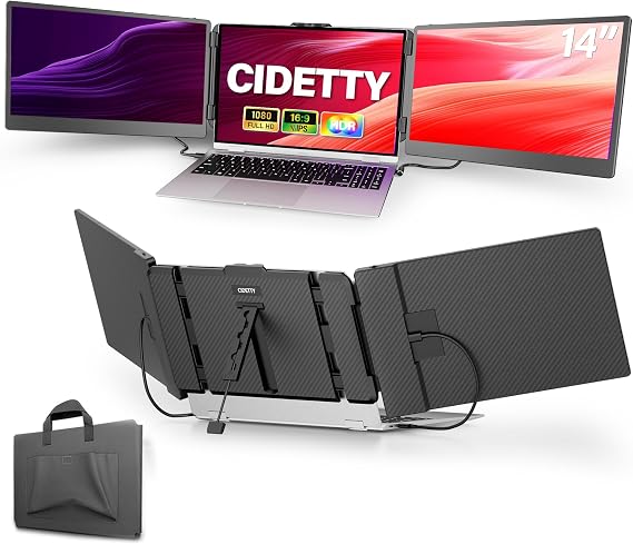 CIDETTY Triple Laptop Screen Extender, 14'' 1080P FHD IPS Ultra-Thin Dual Monitor Display, HDMI/USB-C Plug-Play Portable Monitor for Windows/Mac, Built-in Speakers