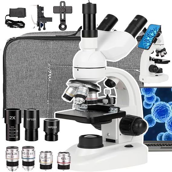 Trinocular Microscope For Adults Kids, 40x-5000x Compound Trinocular Microscope W/Electronic Eyepiece For Students Home School Education - Storage Bag,Phone Adapter,Dual Led Lighting,White