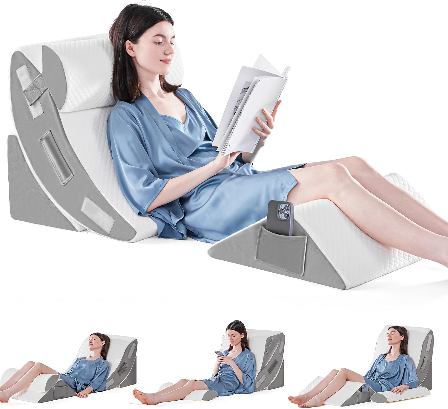 4 Pieces Orthopaedic Bed Wedge Pillow Set for Sleeping, Post Surgery Foam Pillow for Body, Back and Legs Pain Relief, Triangle Adjustable Support Pillow with Acid Reflux Sleeping Pillow, Light Grey