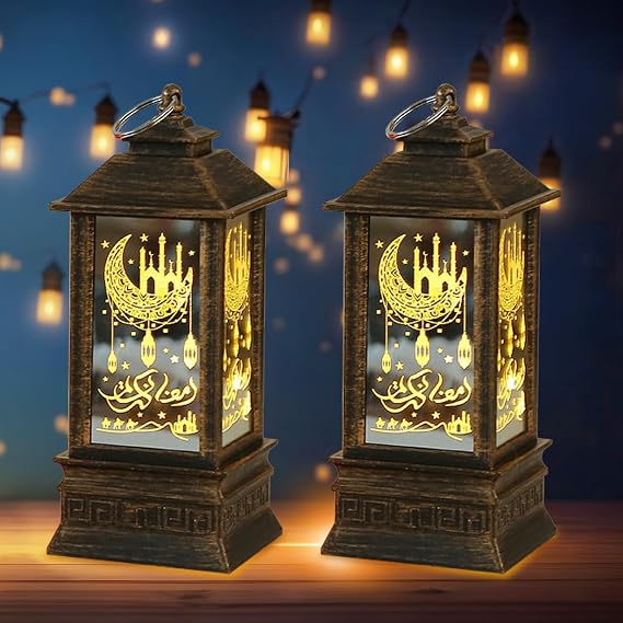 Hying 2 Pieces Ramadan Lanterns 5.2" Height Size Hanging Lamp Decoration Eid Mubarak Flameless Candle Lanterns Moroccan Decorative Lantern Ramadan Gifts Eid Mubarak Lamp for Home Tabletop Decor